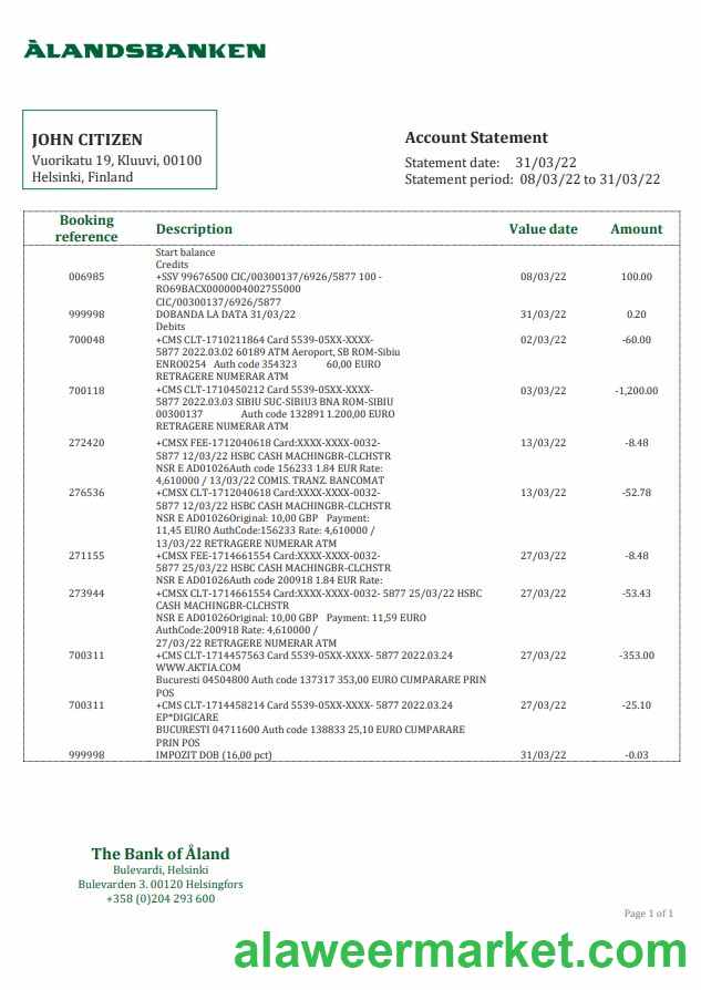 Finland Aland bank statement
